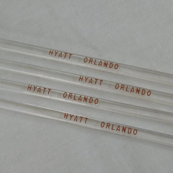 Hyatt Hotel Orlando Clear Swizzle Stick Stirer Set of 4 Red Letters Drinks Bar - Picture 3 of 4